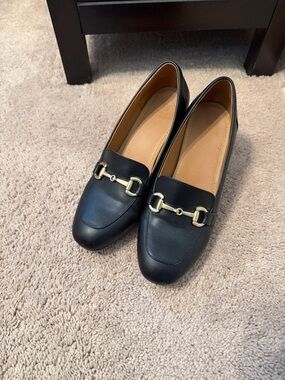 White Mountain Black Loafers with Gold Horsebit Accent